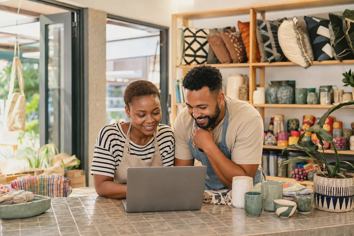 Two small-business owners working together on their laptop in a colourful shop