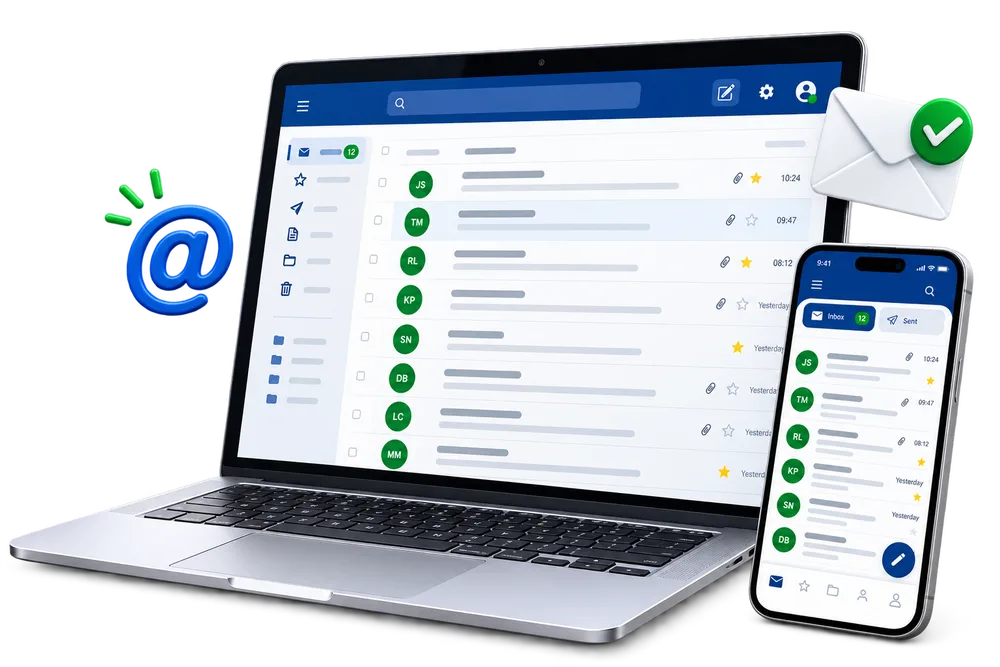 Illustrative professional email inbox on a laptop and smartphone