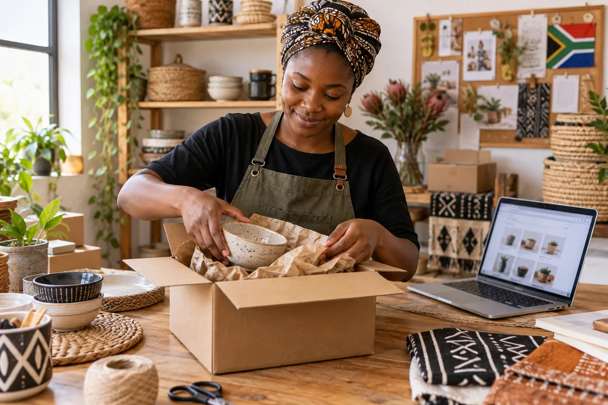 Illustrative South African homeware business owner packing a ceramic bowl beside her laptop