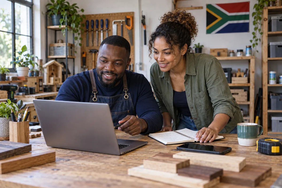 Illustrative South African workshop owners planning their business website together at a laptop