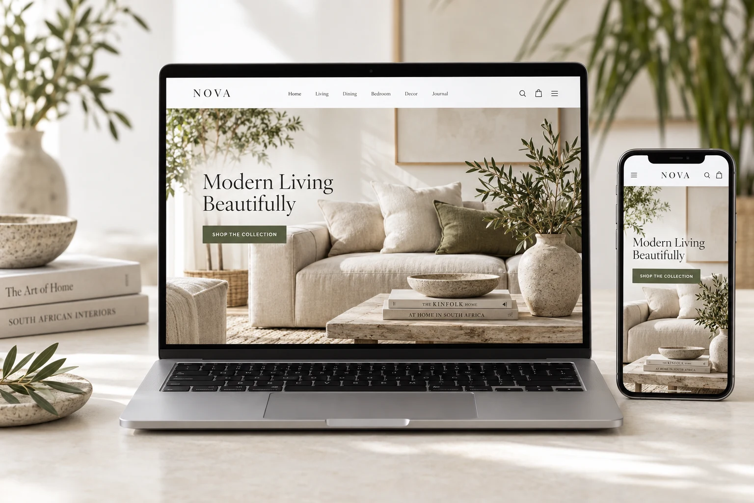 Illustrative homeware online store shown on a laptop and mobile phone.