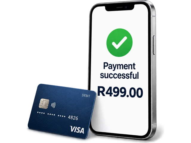 Illustrative phone showing Payment successful and R499.00 beside a bank card.
